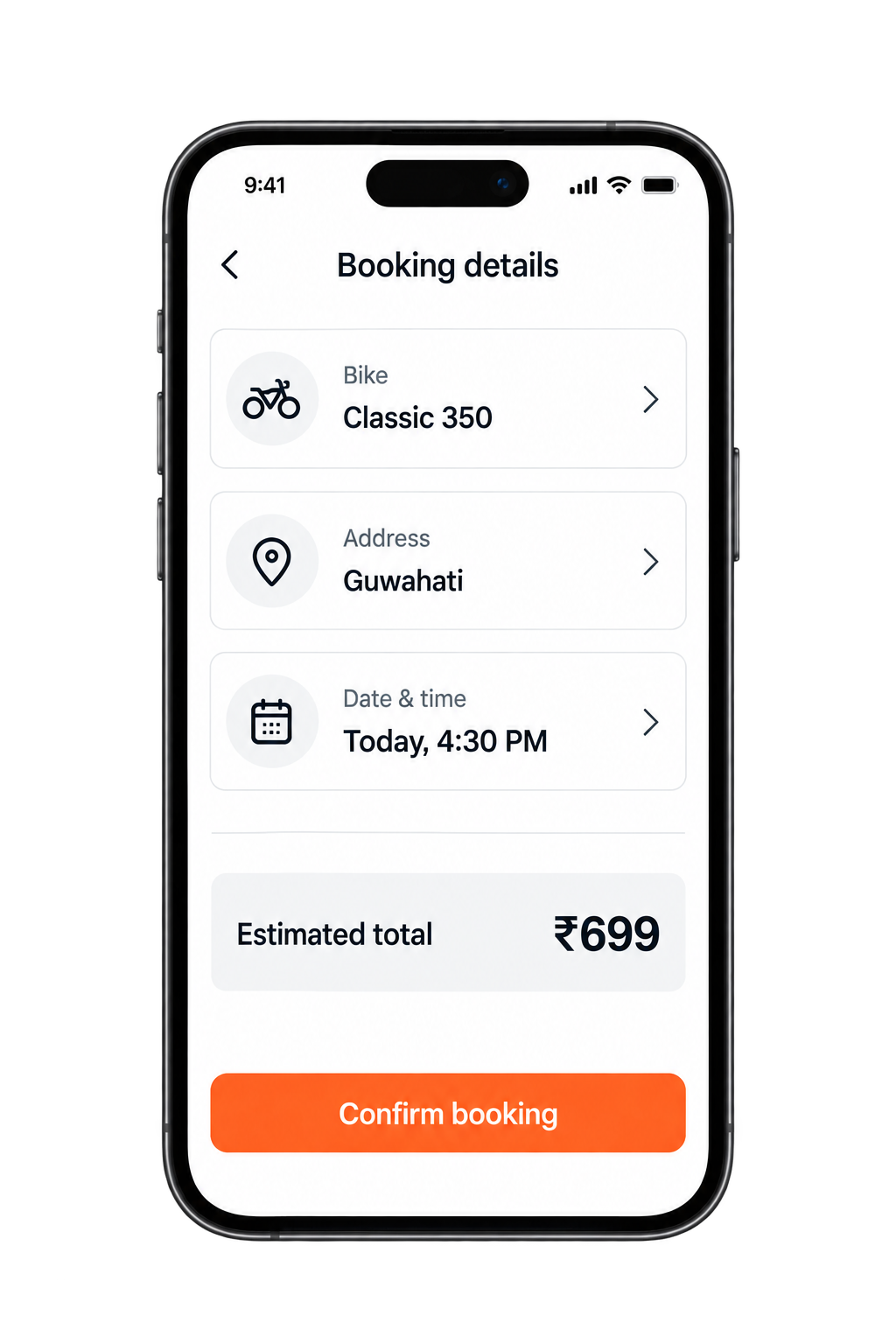 MechiGo booking details screen for a Classic 350 in Guwahati