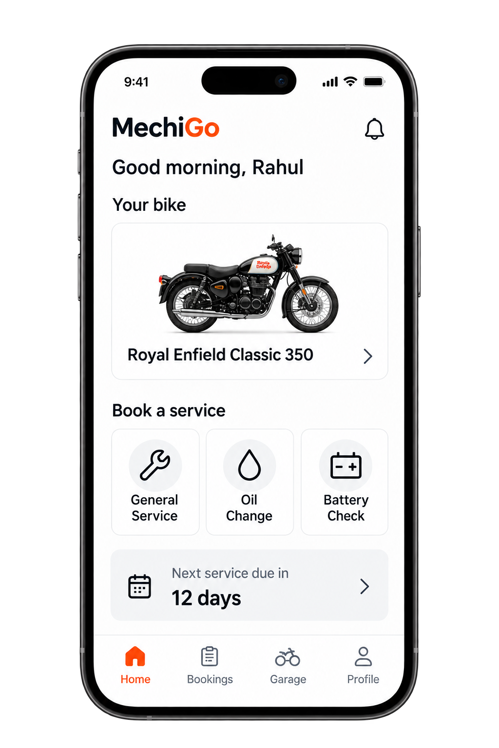 MechiGo app home screen with general service, oil change and battery check options